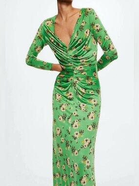 Mango Green Floral Ruched Long-Sleeve Maxi Dress